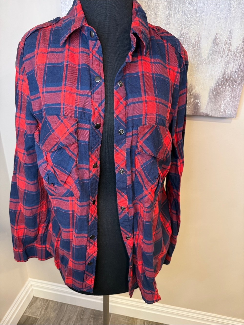Red and Navy Plaid Button-Up Shirt size medium